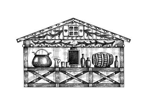 Christmas market stall kiosk sketch. Hand-drawn vector illustration. Traditional winter Christmas fair marketplace. Wooden booth candy shop with hot drinks, mulled wine, garlands decoration